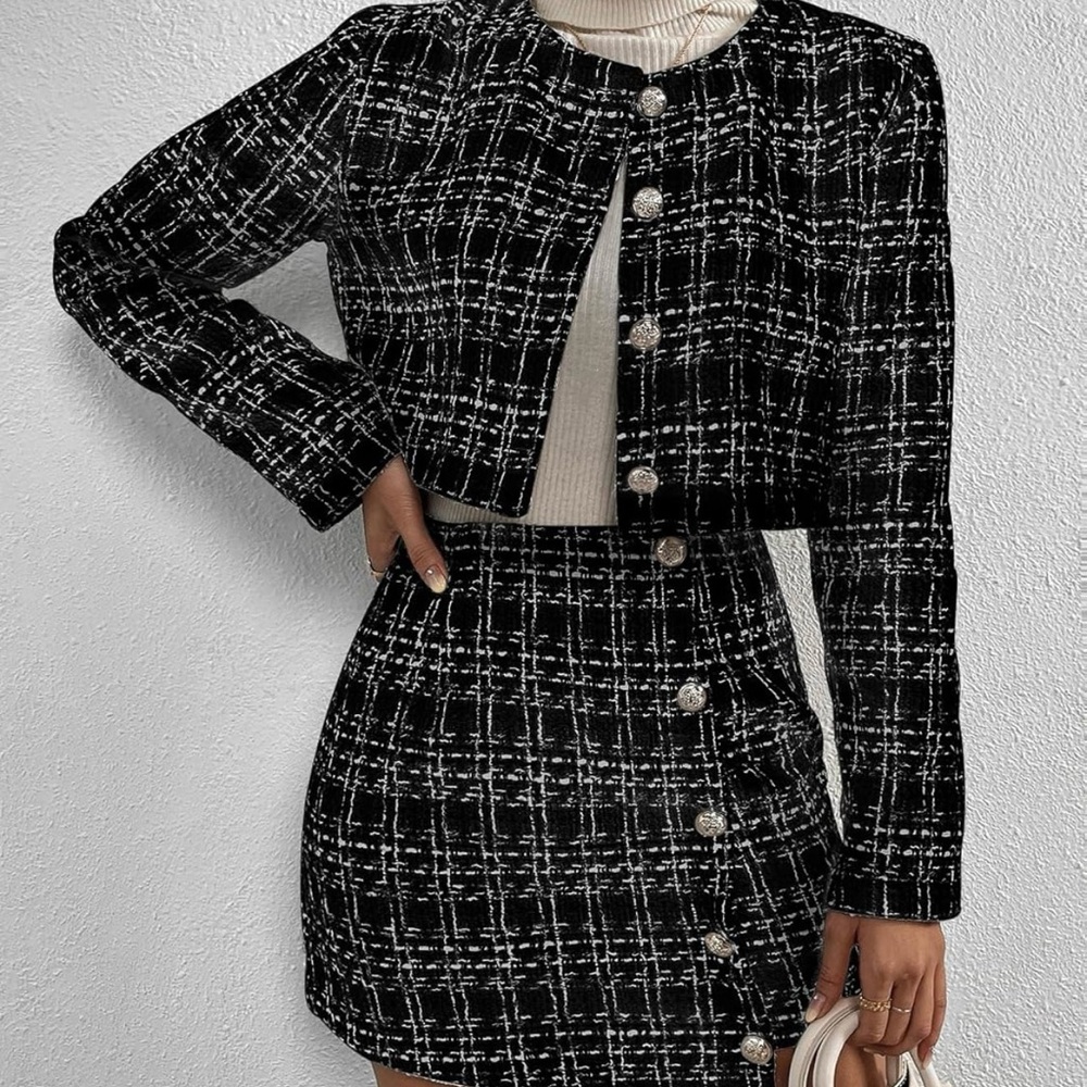 Women's 2 Piece Outfit Plaid Print Crop Tweed Jacket and Bodycon Mini Skirt